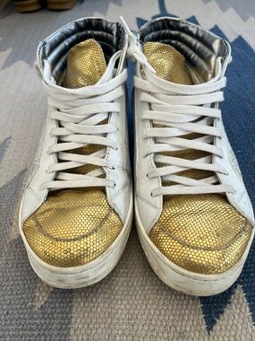 P448 White High-Top Sneakers with Metallic Gold Toe & Tongue